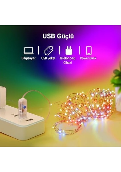 5 Metre Renkli 50LED Işıklar Işıkları 8 Mod Rgb Işıkları USB Çok Renkli Işık Dize Işıkları Tel Fonksiyonlu Süsleme Ince Telli Aydınlatmalı Şerit LED Yılbaşı Işık Yılbaşı Süsü