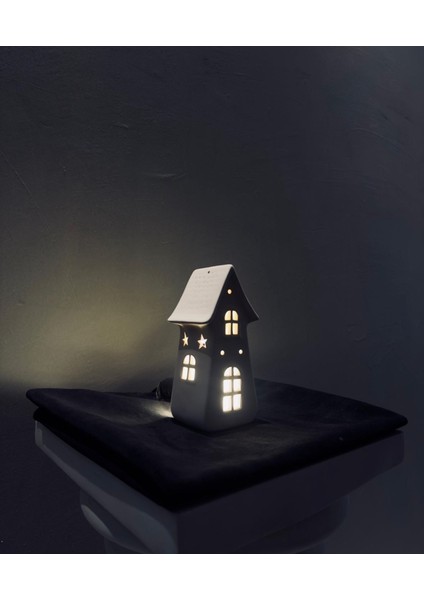 Minyatür Kule Ev Seramik Fişli LED Abajur – 18X8 cm Iskandinav Tarzı Gece modelleri