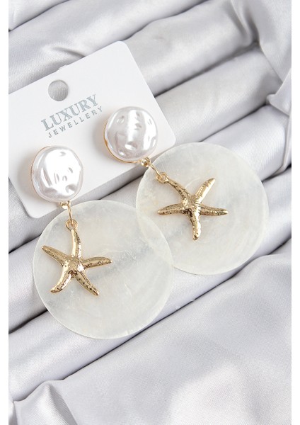 Pirinç Incili Deniz Kabuğu Figürlü Sedef Model Gold Renk Kadın Küpe - TJ-BKP11082