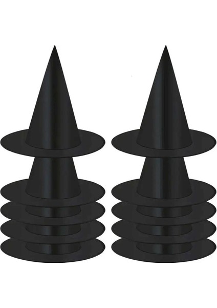 8 Adet Siyah Cadı Şapkası – Yetişkin ve Çocuk Kostüm Aksesuarı Polyester