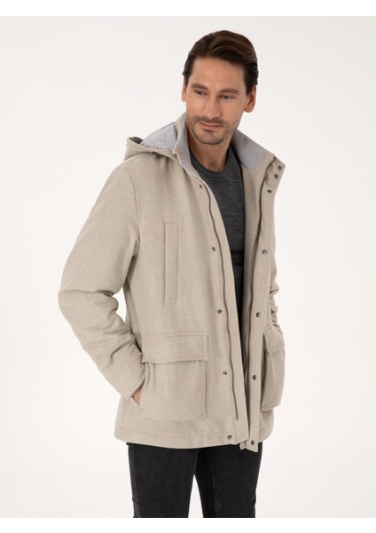 Erkek Bej Yün Karışımlı Kapüşonlu Flanel Kaşe Mont 50311425-VR011