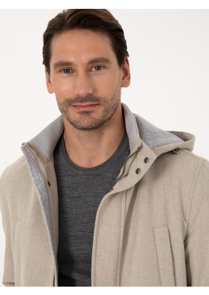 Erkek Bej Yün Karışımlı Kapüşonlu Flanel Kaşe Mont 50311425-VR011 fiyatları