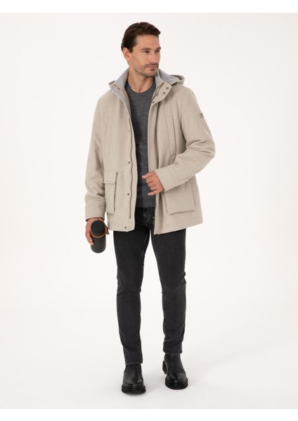 Erkek Bej Yün Karışımlı Kapüşonlu Flanel Kaşe Mont 50311425-VR011 fırsatları