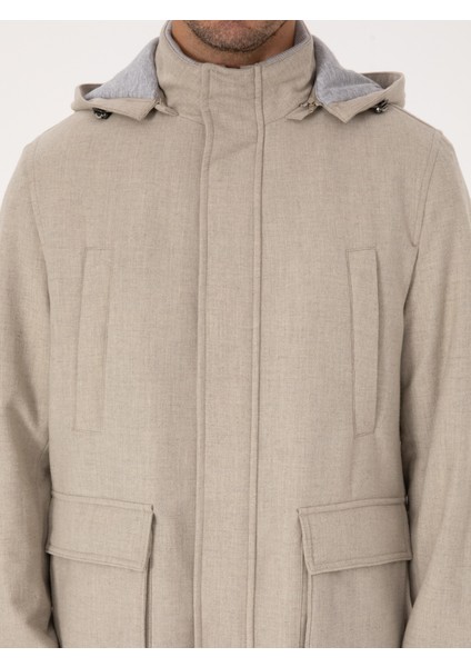Erkek Bej Yün Karışımlı Kapüşonlu Flanel Kaşe Mont 50311425-VR011