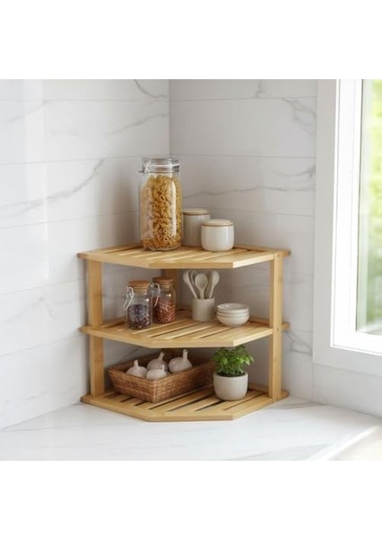 3 Katlı Doğal Bambu Köşe Rafı - Tezgah Üstü Mutfak ve Banyo Düzenleyici | Baharatlık, Kavanoz ve Dekoratif Rafı (24.5X24.5X23 Cm) fiyatları