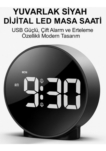 Şık Siyah Yuvarlak LED Masa Saati – USB Güç, Parlak Dijital Ekran ve Erteleme Özellikli fırsatları