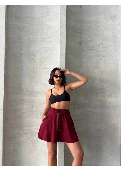 Volanlı Keten Şort Bordo S255058 fiyatları