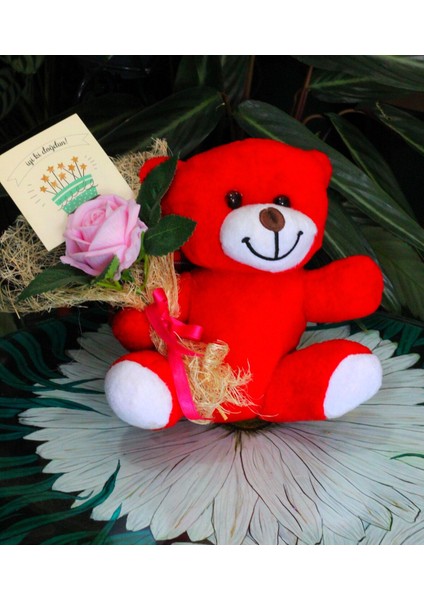 Elinde Kadife Gül & Iyi Ki Doğdun Kartı Tutan 25CM Peluş Ayı Sevdiklerinize Özel Gün Hediyesi