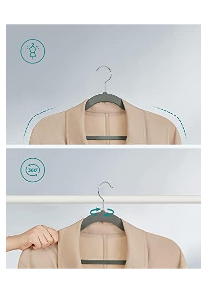 Kadife Elbise Askısı, 30NANLU Set, Askılar, Kaymaz, Omuz Bölgesinde Çentikler, Pantolon Köprüsü, 360 Dönebilen Kanca, Yer Tasarrufu Sağlar, Gri modelleri