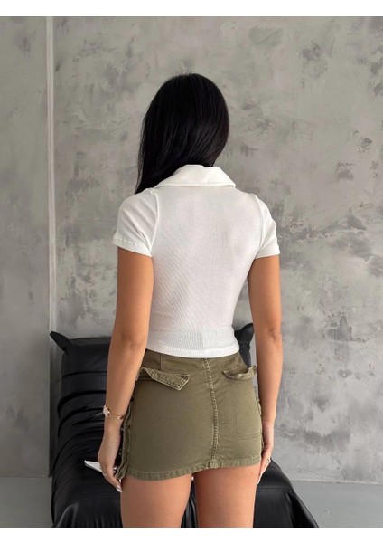 Kaşkorse Yaka Fermuarlı Bluz Beyaz modelleri