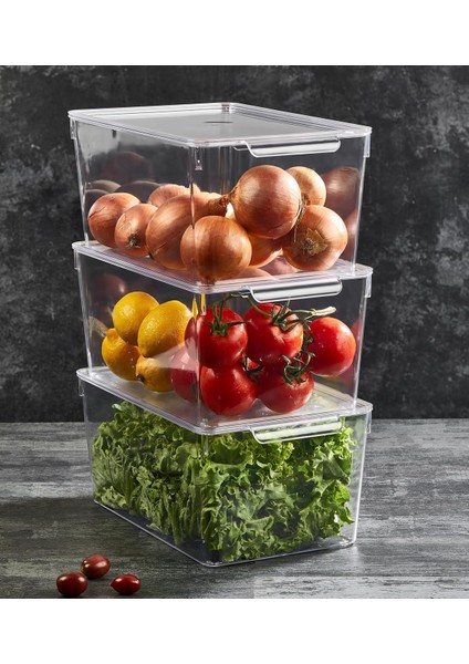 1 Adet Kırılmaz Şefaf Akrilik Kapaklı Buzdolabı Organizeri | Buzdolabı Içi Düzenleyici | Sebze Meyve Saklama Kabı Organizeri (20CM x 32,5cm X14,5CM) Xx Large Boy
