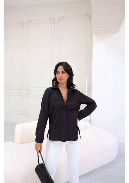 Kadın Cep Detaylı Uzun Kollu Basic Siyah Gömlek