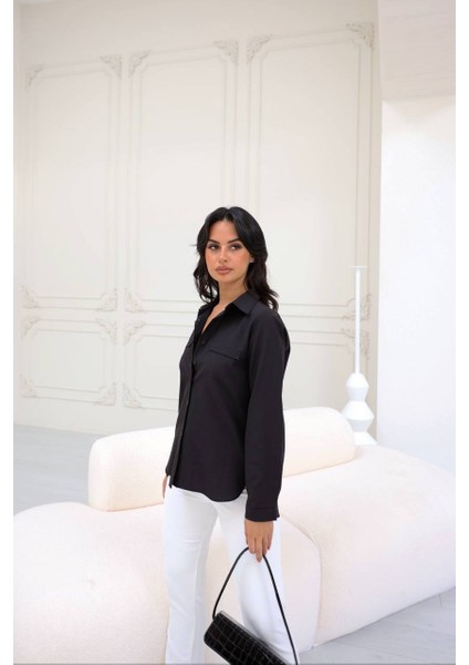 Kadın Cep Detaylı Uzun Kollu Basic Siyah Gömlek