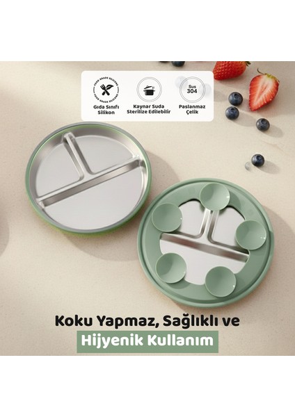 Silikon Kaplı Bebek Tabak, 3 Bölmeli Paslanmaz Çelik Mama Tabağı, Vakumlu, 304 Çelik, Yeşil