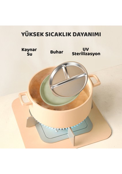 Silikon Kaplı Bebek Tabak, 3 Bölmeli Paslanmaz Çelik Mama Tabağı, Vakumlu, 304 Çelik, Yeşil indirimleri