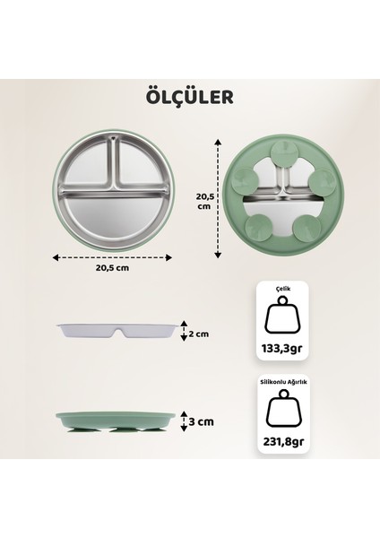 Silikon Kaplı Bebek Tabak, 3 Bölmeli Paslanmaz Çelik Mama Tabağı, Vakumlu, 304 Çelik, Yeşil