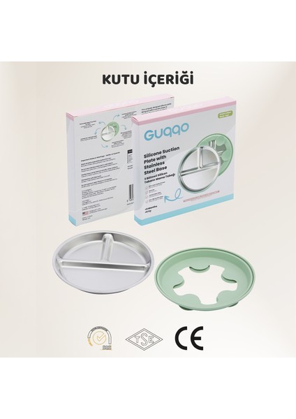 Silikon Kaplı Bebek Tabak, 3 Bölmeli Paslanmaz Çelik Mama Tabağı, Vakumlu, 304 Çelik, Yeşil