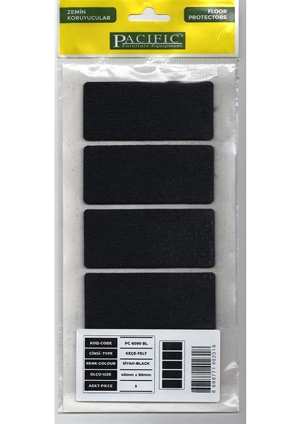 Siyah Renk, 5 Adet 4x9 cm Yapışkanlı Keçe, Sandalye, Masa, Koltuk Altı Parke Koruma Keçesi, Dikdörtgen
