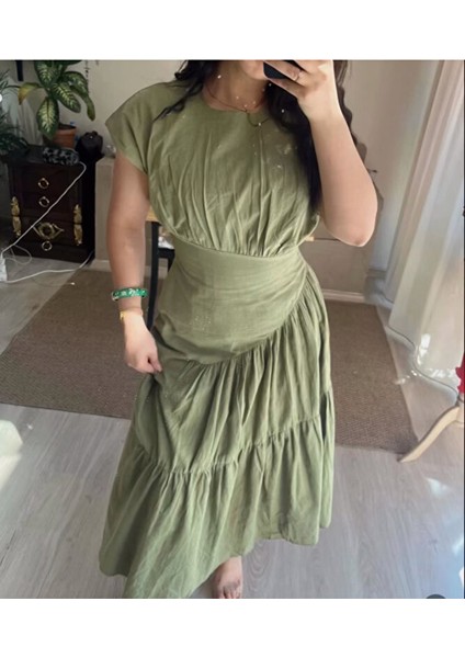 Yeşil Kat Kat Keten Maxi Elbise