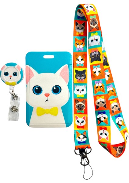 Yaka Kartlığı Yoyo ve Boyun Ipi Seti, Premium Kartlık Koruyucu Yoyo ve Askılı Kartlık Kedi Figürlü