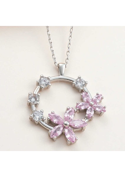 925 Ayar Gümüş Pembe Çiçek Kadın Kolye T7984 (972972)