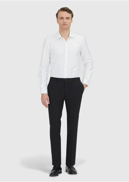 Siyah Düz Kumaş Comfort Fit Klasik %100 Yün Pantolon