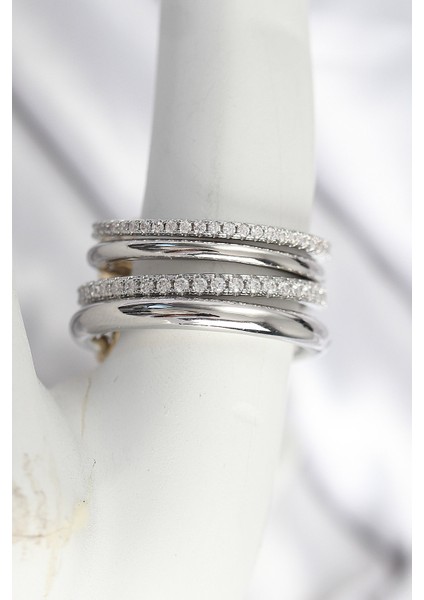 Pirinç Gümüş Renk Zirkon Taşlı 4'lü Kadın Yüzük - TJ-BYK3828