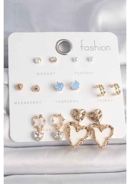 Pirinç Gold Renk Zirkon Taşlı Sallantı Beyaz Sedefli Kalp Model 7 Çift Kadın Küpe Seti - TJ-BKP10161