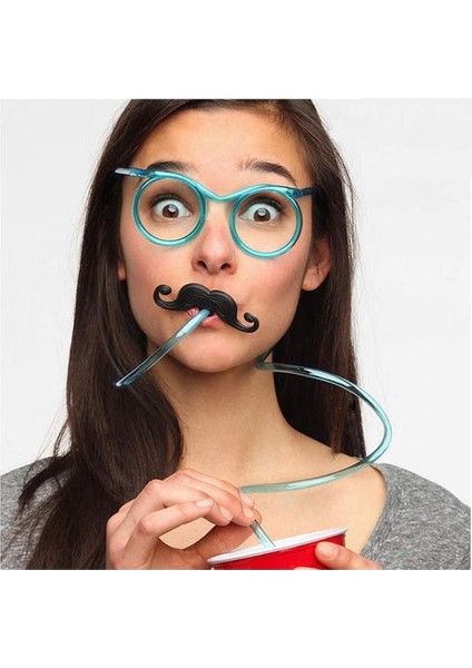 Pipetli Parti Gözlüğü - Çocuk ve Yetişkin Bıyıklı Pipet Gözlük Mavi Renk 18X14 cm