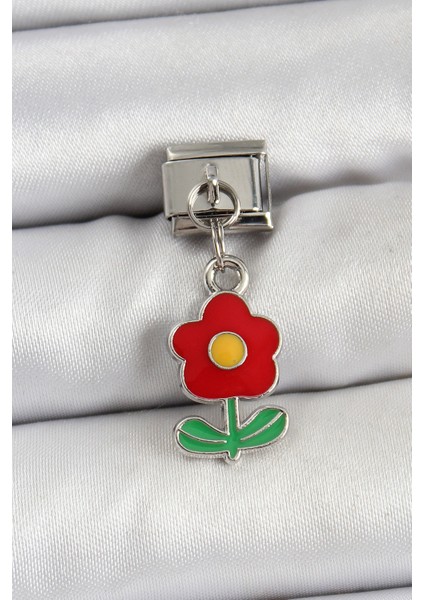 316L Çelik Sallantılı Kırmızı Papatya Model Gümüş Renk Nomination Charm - TJ-BC1466