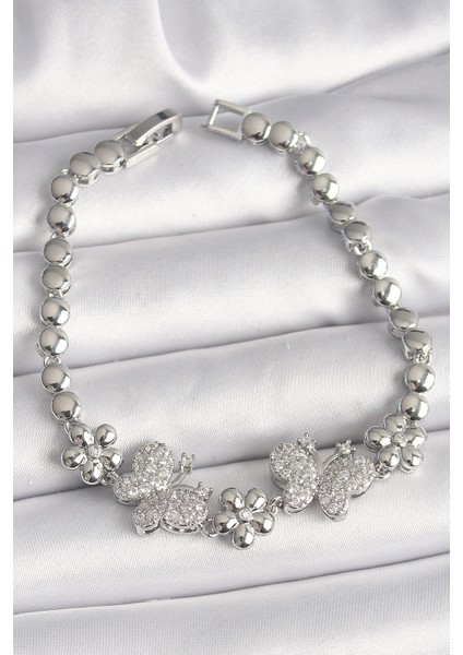 Pirinç Gümüş Renk Zirkon Taşlı Kelebek Figür Çiçek Zincir Model Kadın Bileklik - TJ-BB6827