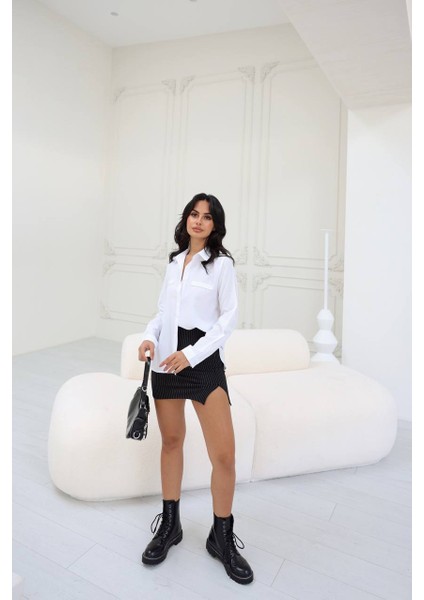 Kadın Cep Detaylı Uzun Kollu Basic Beyaz Gömlek