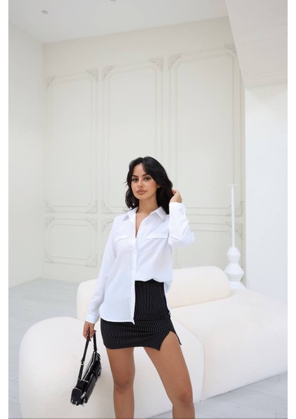 Kadın Cep Detaylı Uzun Kollu Basic Beyaz Gömlek