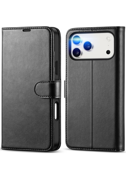 iPhone 17 Pro Kılıf 360 Tam Kaplar Deri Dokulu Kapaklı Cüzdan Standlı Kartvizitli Kopçalı