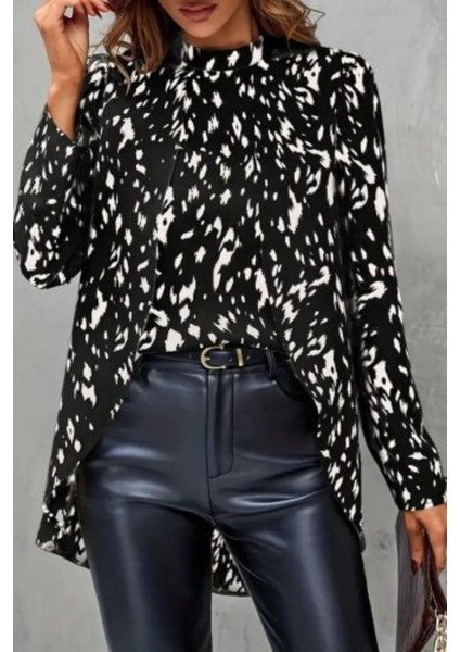 Yarı Balıkçı Yaka Desenli Dokuma Bluz Siyah