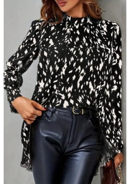 Yarı Balıkçı Yaka Desenli Dokuma Bluz Siyah modelleri