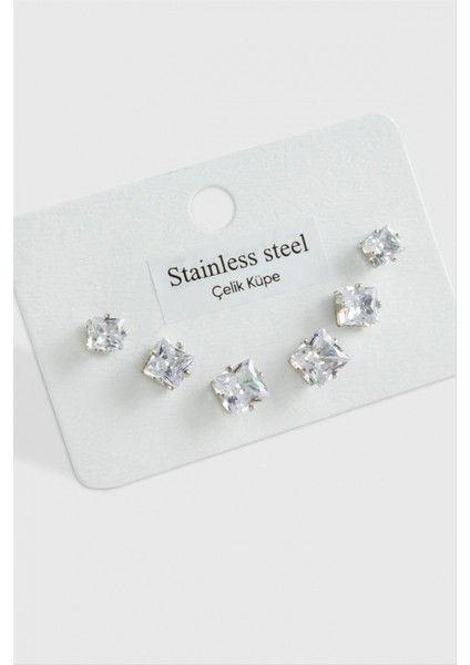 6 Adet Kare Zirkon Tek Taşlı Çelik Küpe ( Büyük Kare )