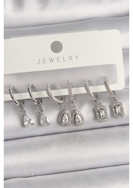 Pirinç Gümüş Renk Sallantı Zirkon Taşlı Damla Model Kadın Küpe Seti - TJ-BKP10121