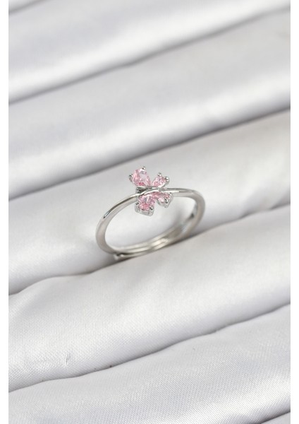 Pirinç Gümüş Renk Pembe Kelebek Kadın Yüzük - TJ-BYK3871
