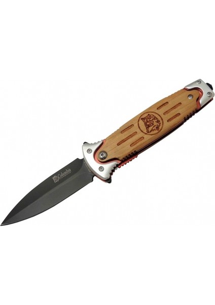 Fs 11033 Kahverengi Kurtarma / Kamp Çakısı 20CM - Yarı Otomatik, Kurt Işlemeli Ahşap Sap, Kemerlikli