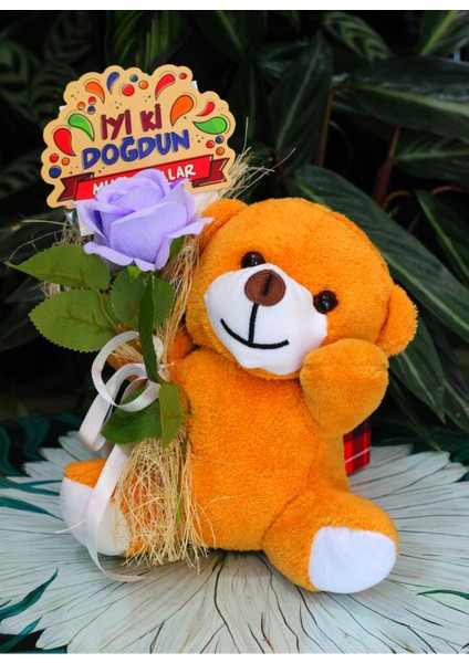 Elinde Kadife Gül & Iyi Ki Doğdun Kartı Tutan 25CM Peluş Ayı Sevdiklerinize Özel Gün Hediyesi modelleri