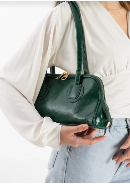 uzun saplı kadın omuz ve el çantası baget yeşil ve siyah