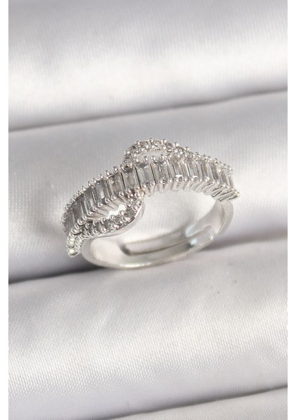 Pirinç Gümüş Renk Su Yolu Zirkon Taşlı Ayarlanabilir Model Kadın Yüzük - TJ-BYK3690