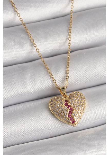 316L Çelik Gold Renk Zincir Zirkon Taşlı Kalp Model Kadın Kolye - TJ-BKO9644
