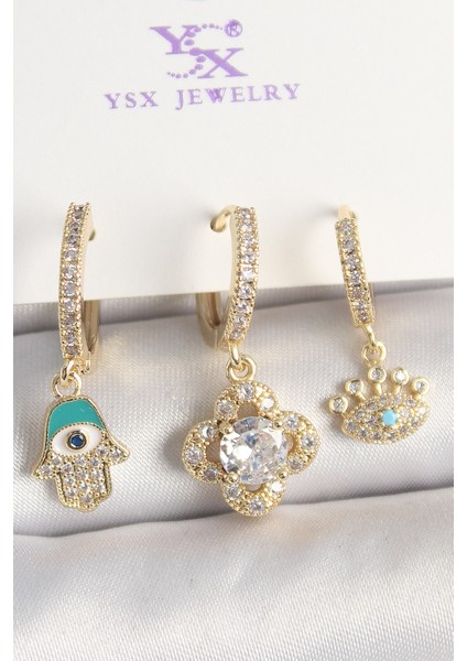 Pirinç Gold Renk Zirkon Taşlı Fatma Ana El Yonca Figür Göz Detay 3'lü Kadın Kombin Küpe - TJ-BKP10449