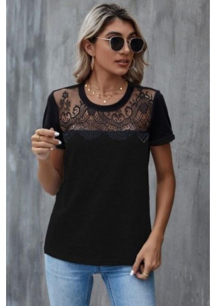 Yakası Dantelli Kısa Kollu Viskon Bluz - Siyah fiyatları