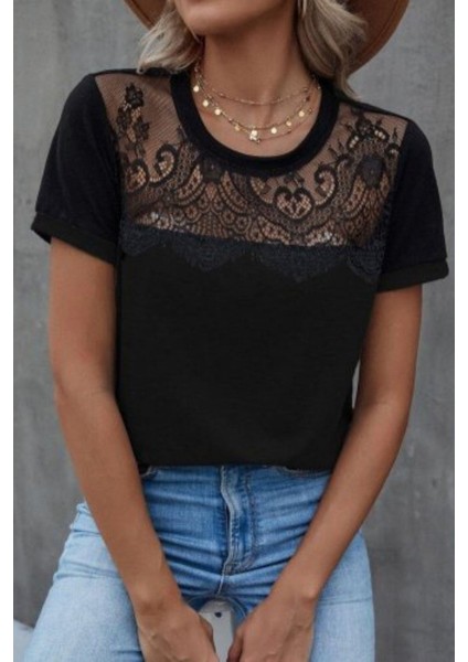 Yakası Dantelli Kısa Kollu Viskon Bluz - Siyah modelleri