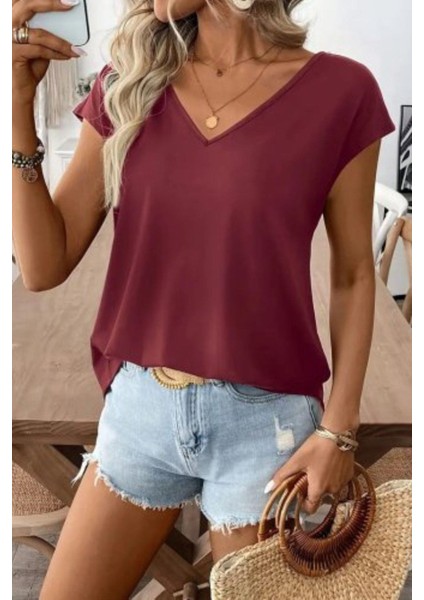 Sırtı Kurdele Detaylı Viskon Bluz - Bordo