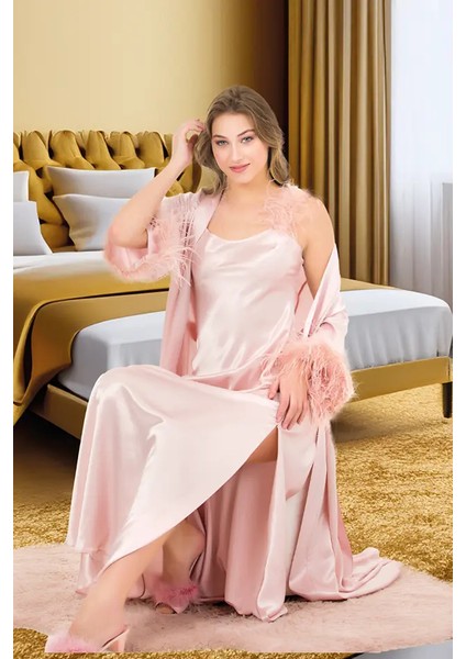 Lady Tüylü Askı Pudra Saten Gecelik Sabahlık Takım