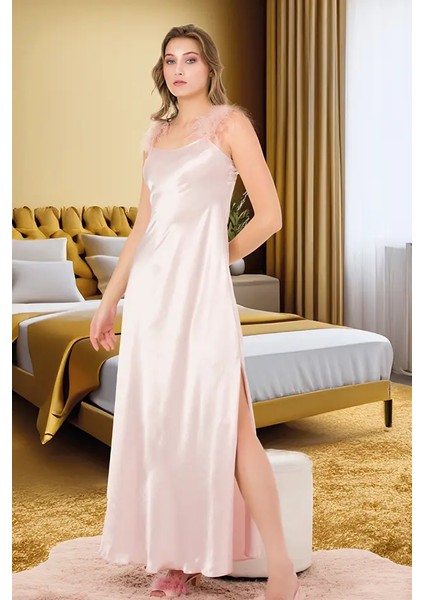 Lady Tüylü Askı Pudra Saten Gecelik Sabahlık Takım modelleri
